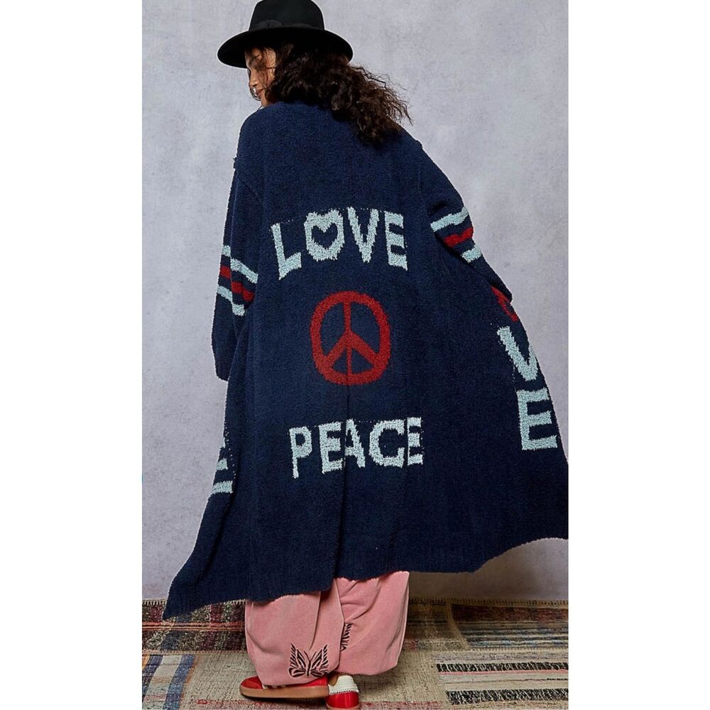POL Peace Love Graphic Cardigan in Navy Size M